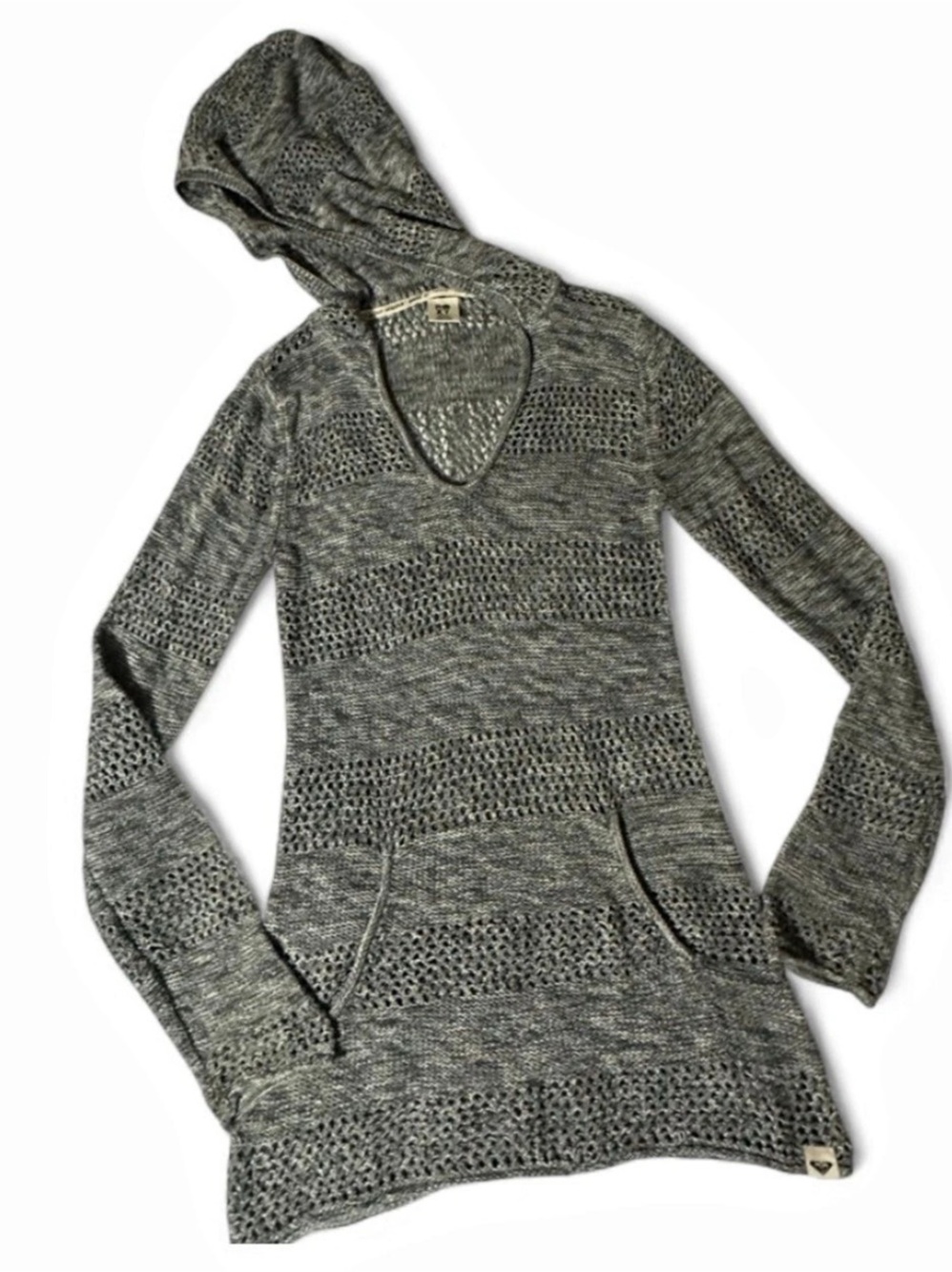 Roxy Hippie Love Open Stitch Hoodie Gray & Black Small